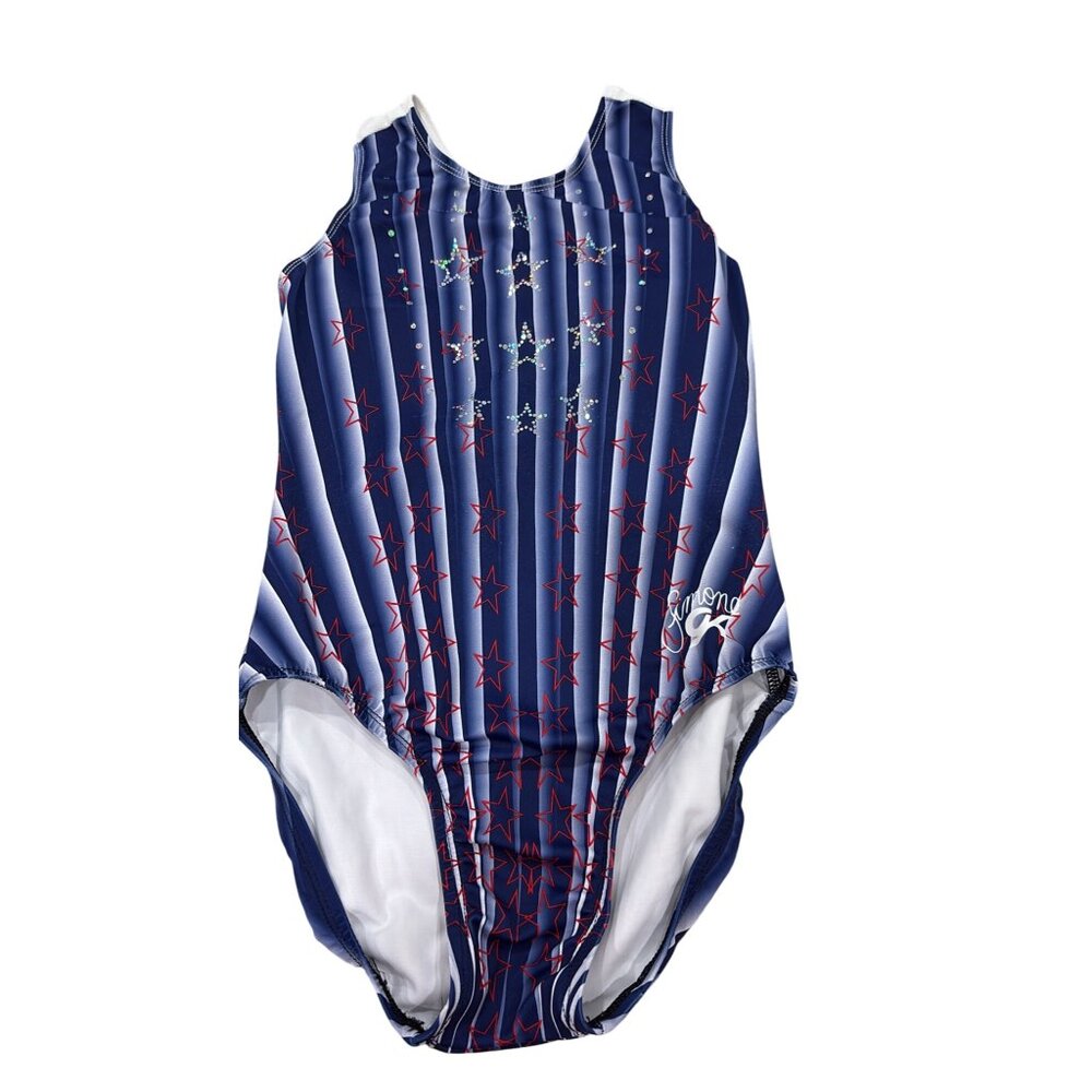 GK Elite Simone Biles Gymnastics Leotard AS Blue Red Star Stripes Pattern Olympi